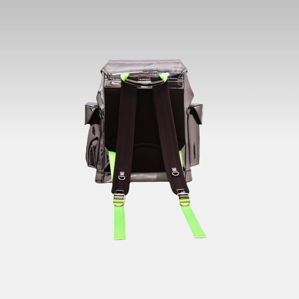 Back view of the standard Metallic Gray Cyberpunk Ita Backpack displaying the heavy-duty padded shoulder straps and back panel.