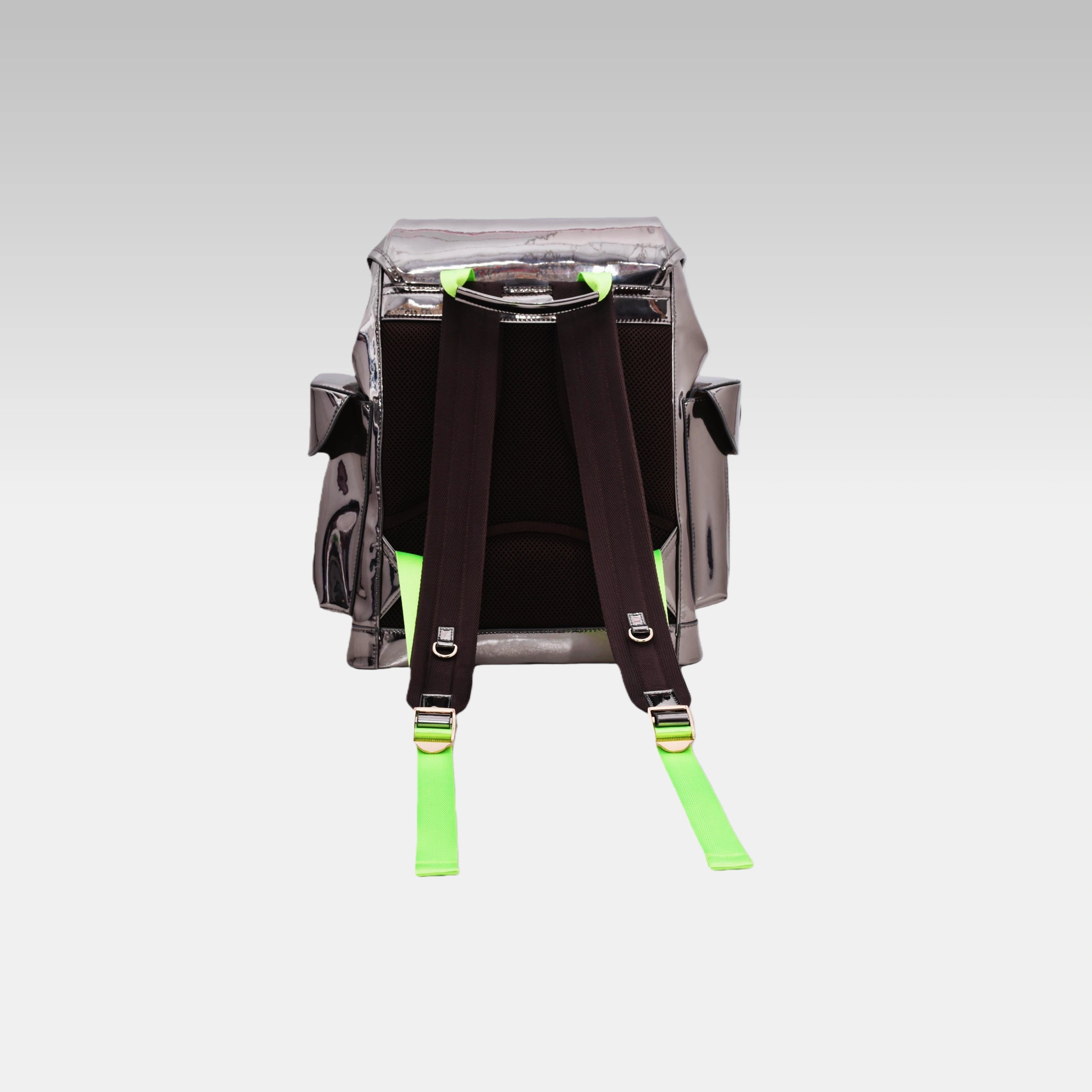Back view of the standard Metallic Gray Cyberpunk Ita Backpack displaying the heavy-duty padded shoulder straps and back panel.