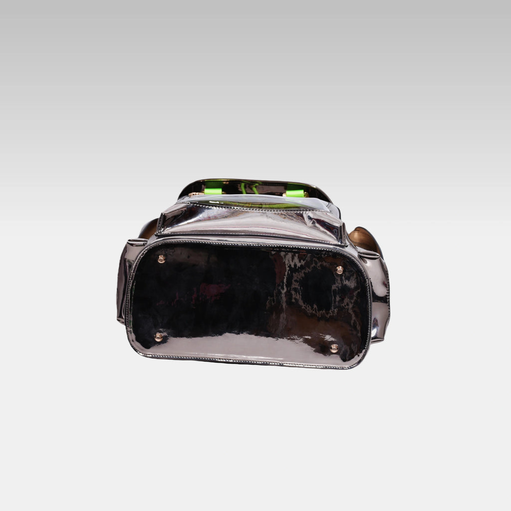 Bottom view of the standard Metallic Gray Cyberpunk Ita Backpack showing the durable base and construction.