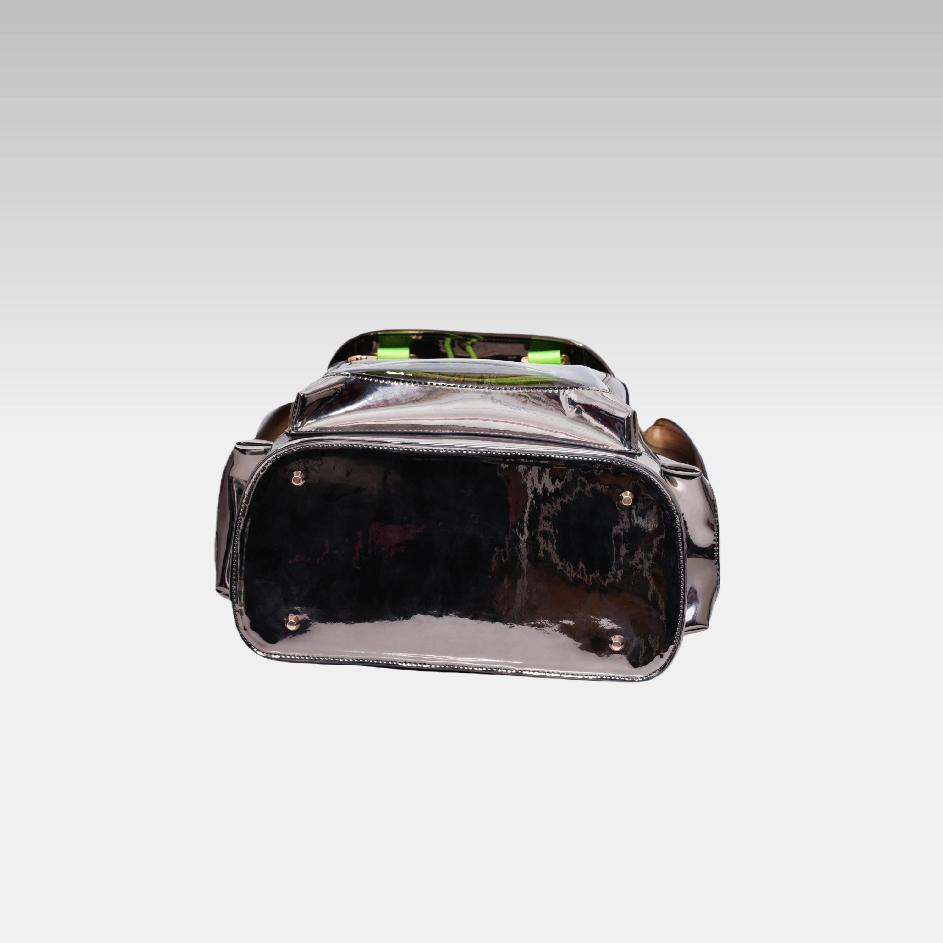 Bottom view of the standard Metallic Gray Cyberpunk Ita Backpack showing the durable base and construction.