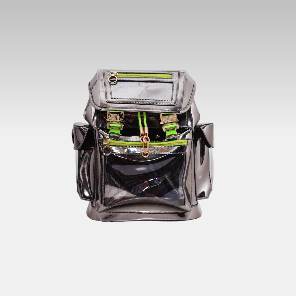Front view of the standard Metallic Gray Cyberpunk Ita Backpack, featuring its large clear display window.