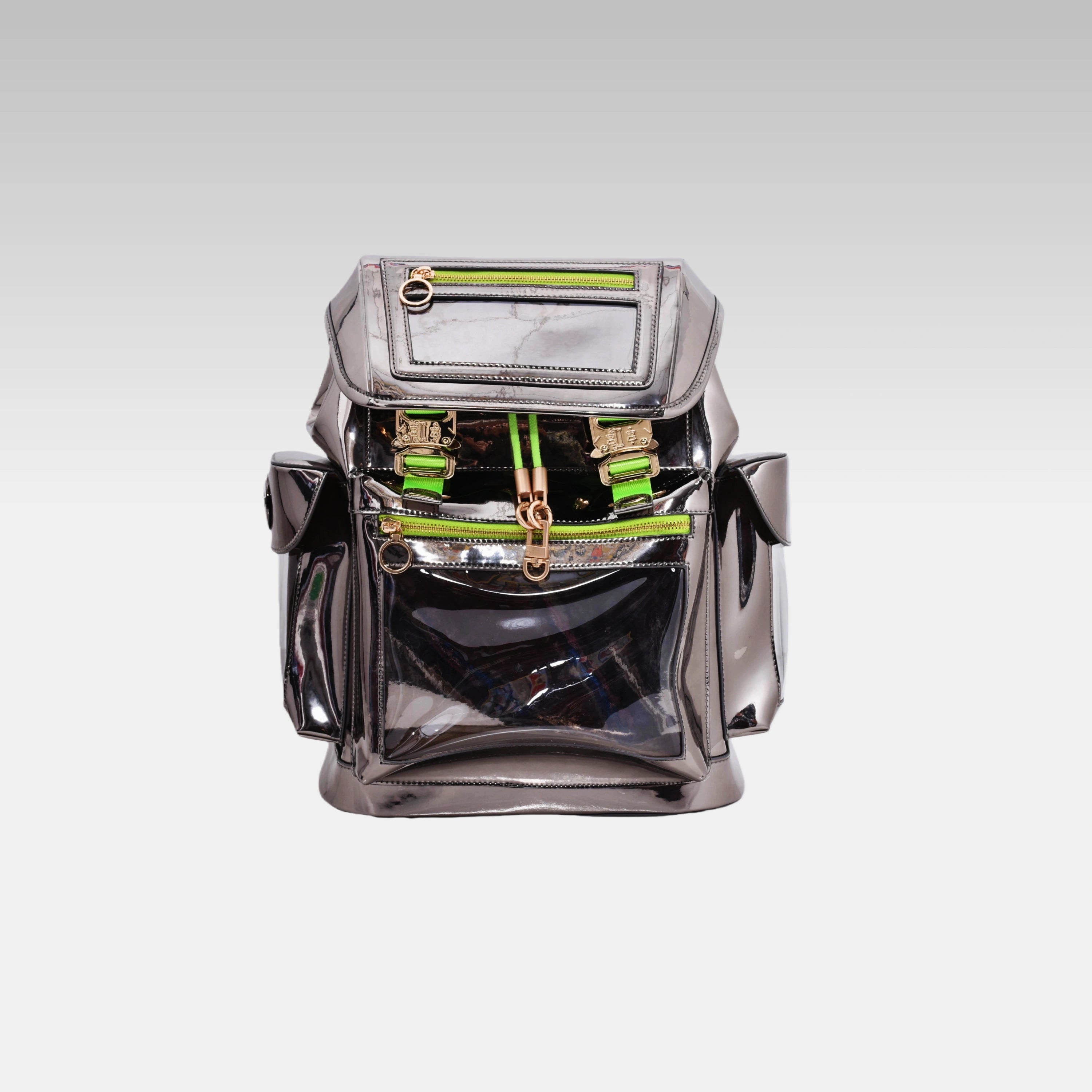 Front view of the standard Metallic Gray Cyberpunk Ita Backpack, featuring its large clear display window.