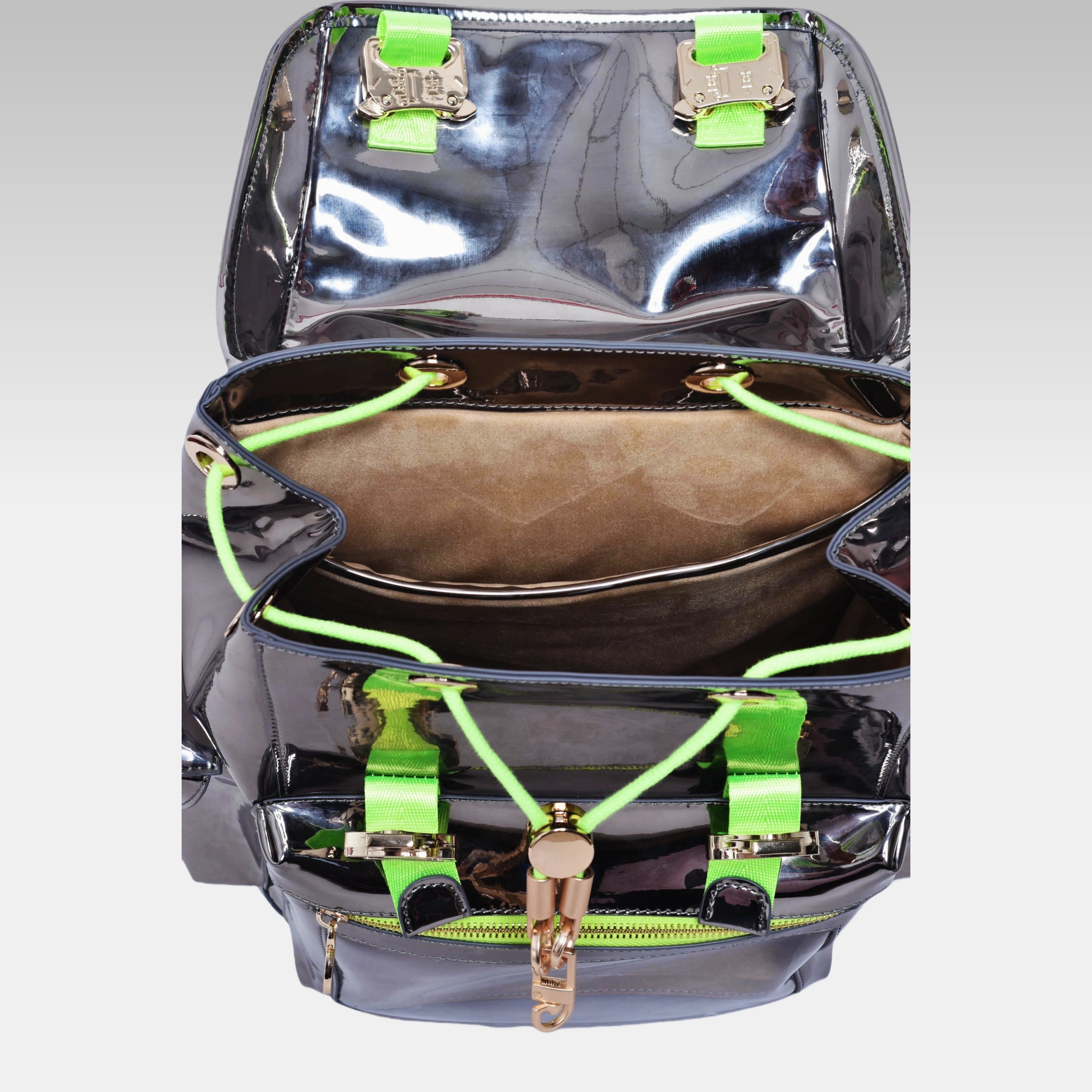 Interior view of the standard Metallic Gray Cyberpunk Ita Backpack showing the custom fabric lining and spacious storage.