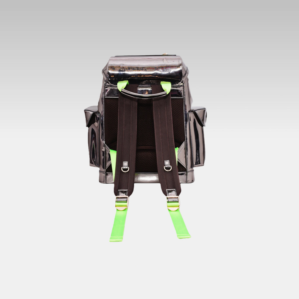 Back view of the Metallic Gray Cyberpunk Ita Backpack Mini displaying the padded shoulder straps and back panel.
