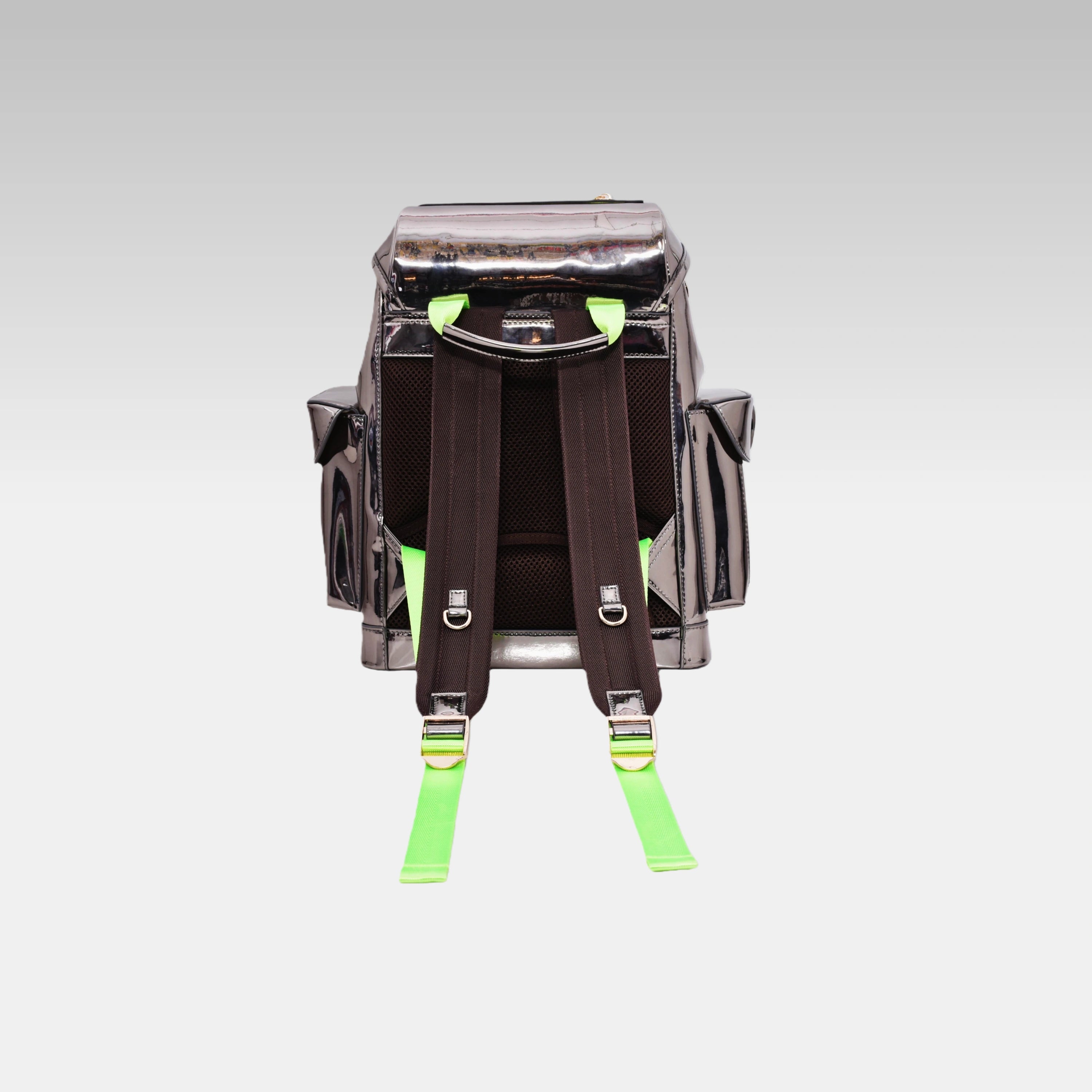 Back view of the Metallic Gray Cyberpunk Ita Backpack Mini displaying the padded shoulder straps and back panel.