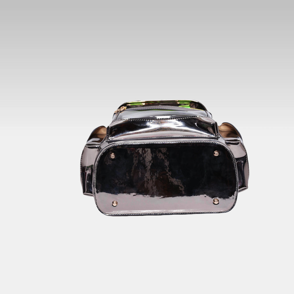 Bottom view of the Metallic Gray Cyberpunk Ita Backpack Mini showing the durable base and construction.