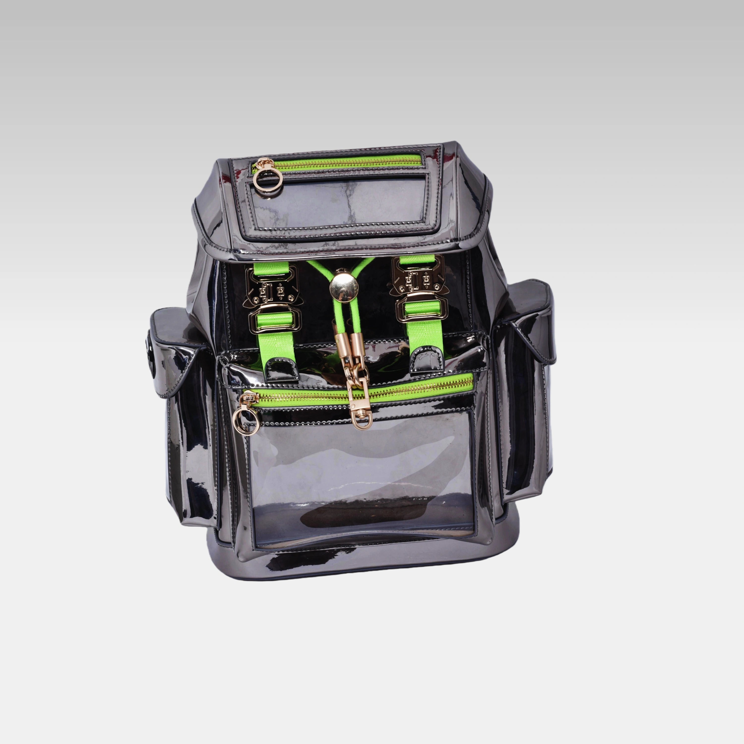 Front view of the Metallic Gray Cyberpunk Ita Backpack Mini, featuring its clear display window.