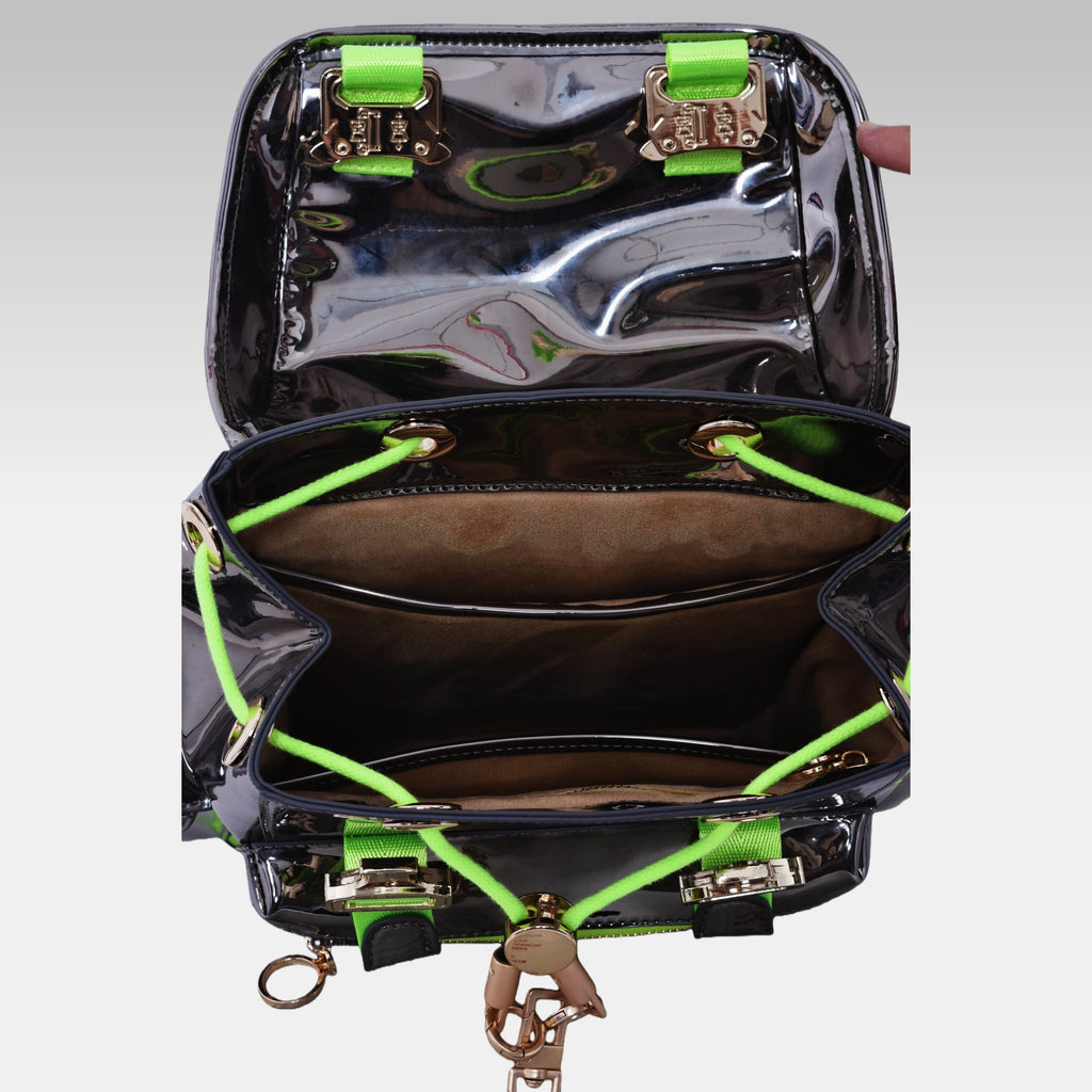 Interior view of the Metallic Gray Cyberpunk Ita Backpack Mini showing the custom fabric lining and storage compartments.