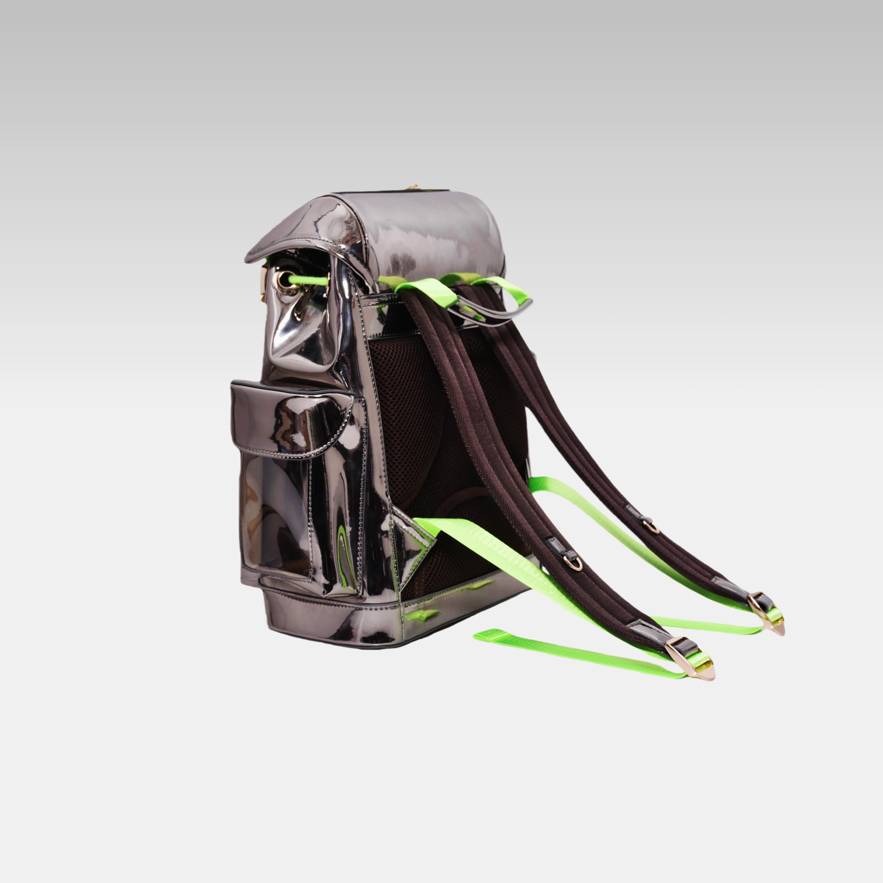 Clean side profile of the Metallic Gray Cyberpunk Ita Backpack Mini showing its structured depth, without the custom emblem.