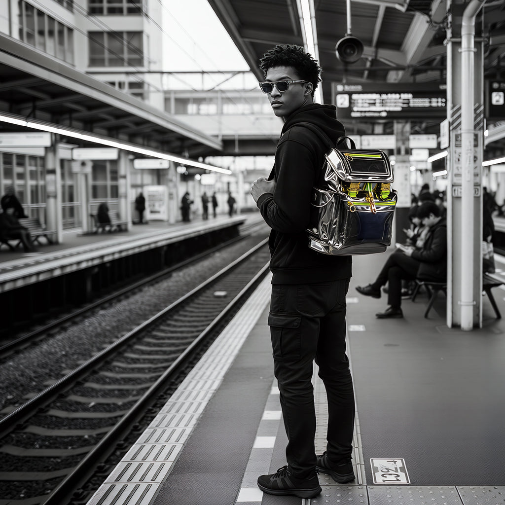 Model wearing the standard Metallic Gray Cyberpunk Ita Backpack, a premium ita bag designed as a sleek cyber goth backpack for pins and plushies.