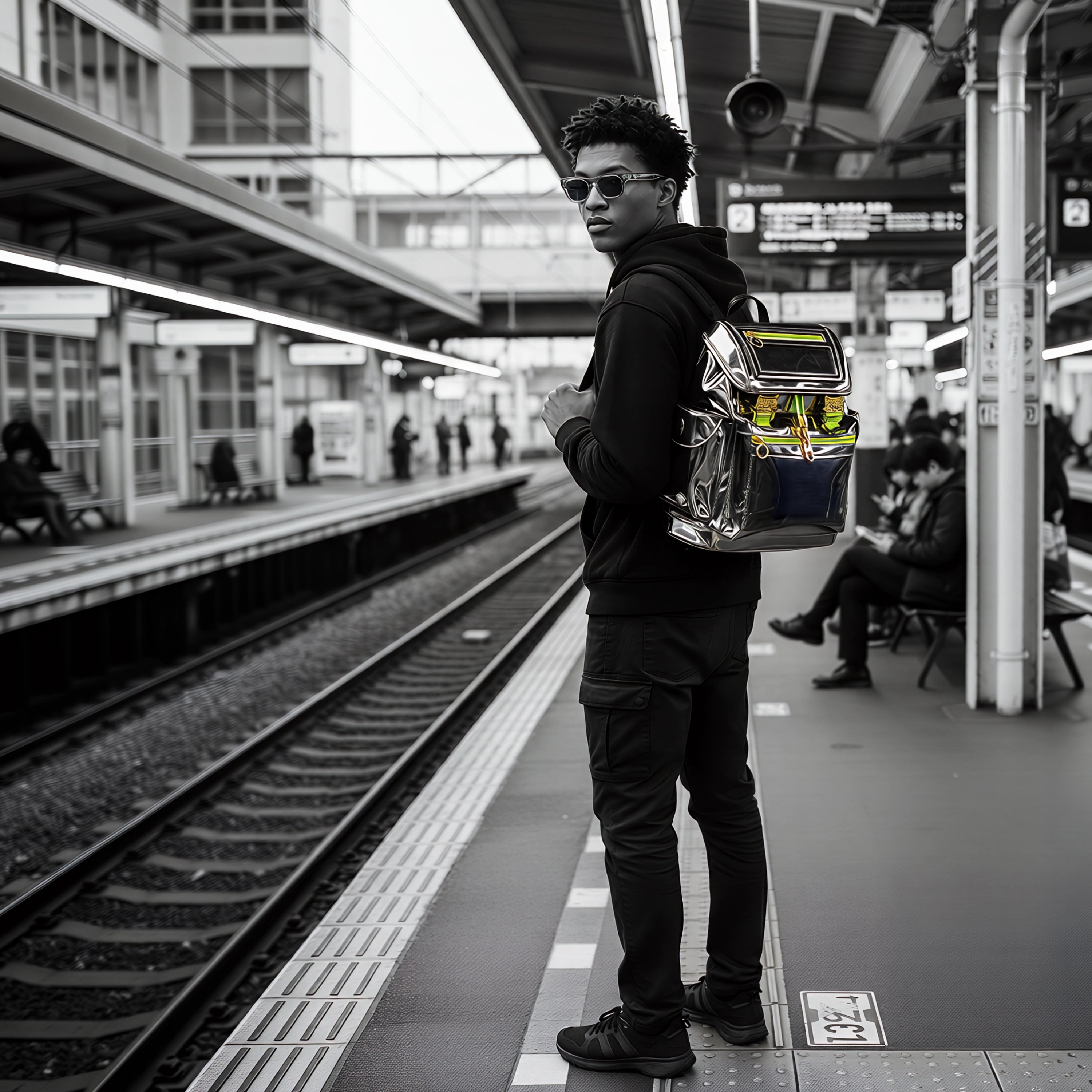 Model wearing the standard Metallic Gray Cyberpunk Ita Backpack, a premium ita bag designed as a sleek cyber goth backpack for pins and plushies.