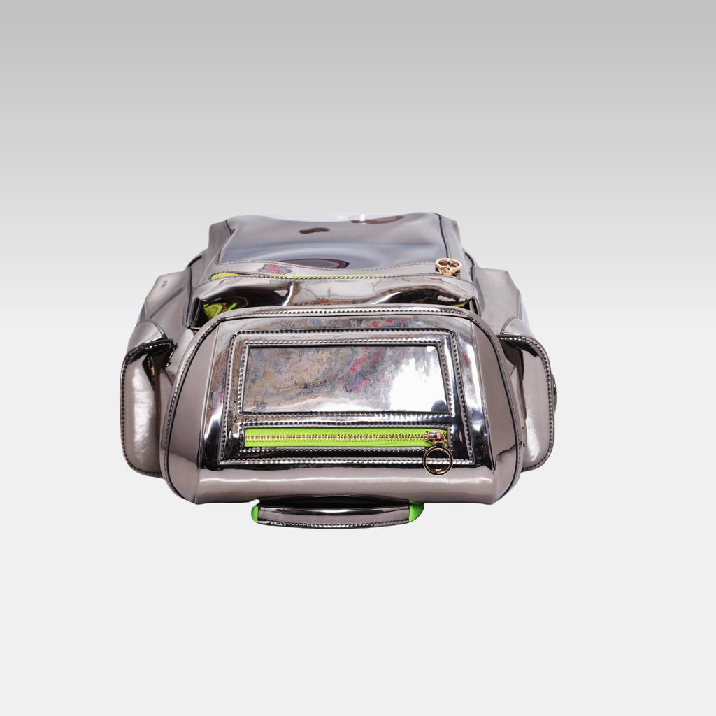 Top-down view of the standard Metallic Gray Cyberpunk Ita Backpack highlighting the main zipper closures and top grab handle.