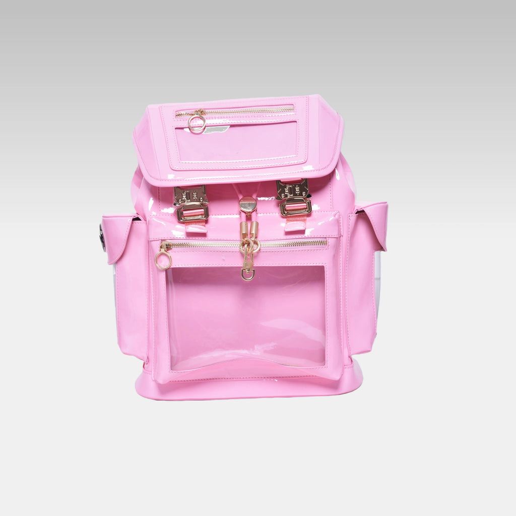 Front view of the Pastel Pink Cyberpunk Ita Backpack, featuring its large clear display window.