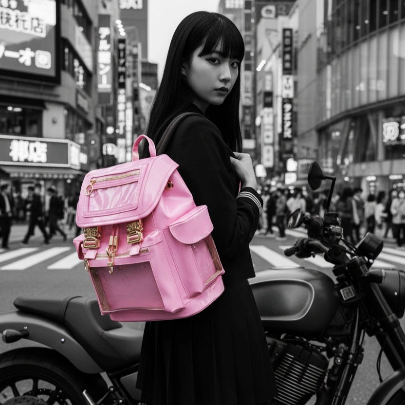 Model with the Pastel Pink Cyberpunk Ita Backpack Mini, an adorable plush display bag and mini backpack with pin display for your daily loadout.