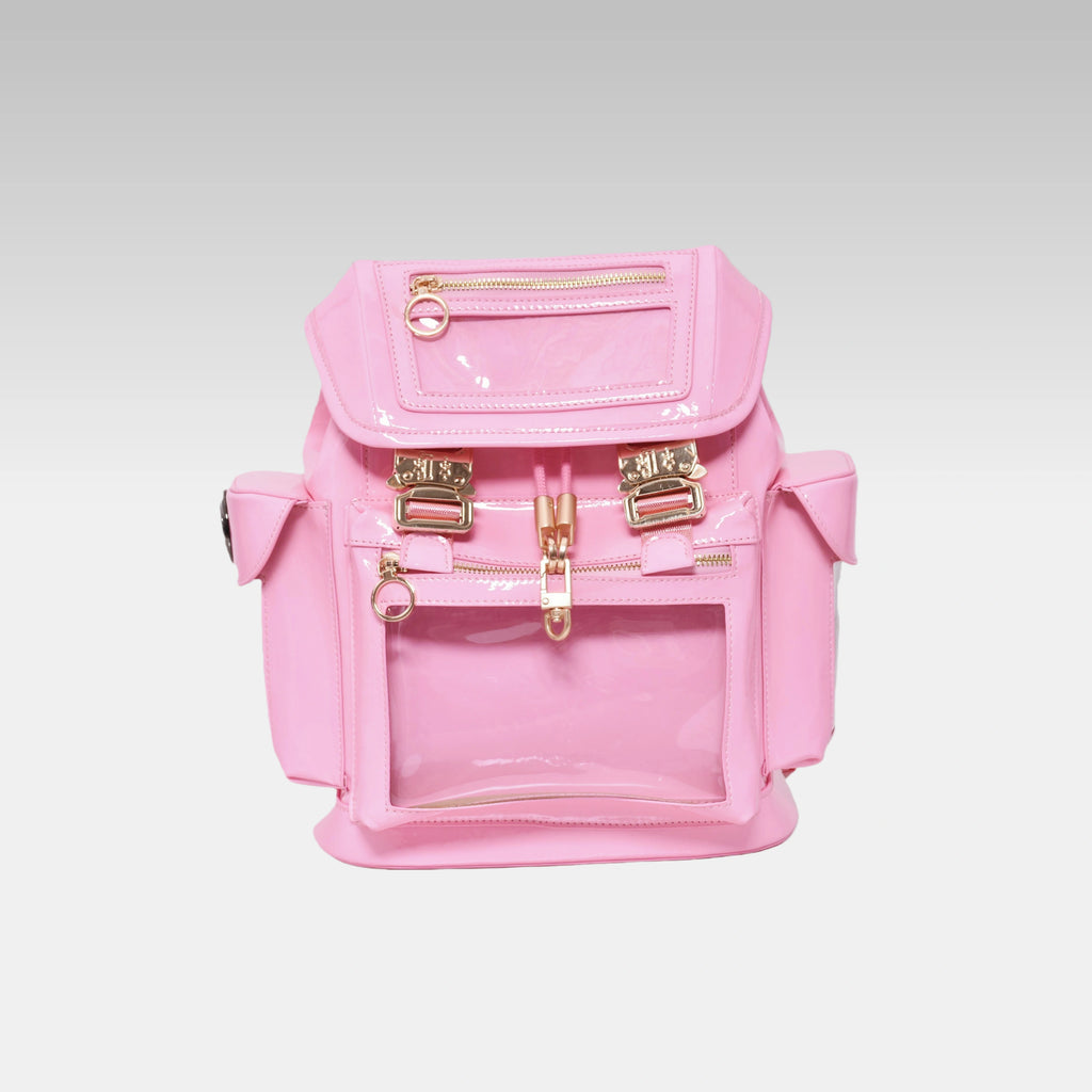 Front view of the Pastel Pink Cyberpunk Ita Backpack Mini, featuring its clear display window.