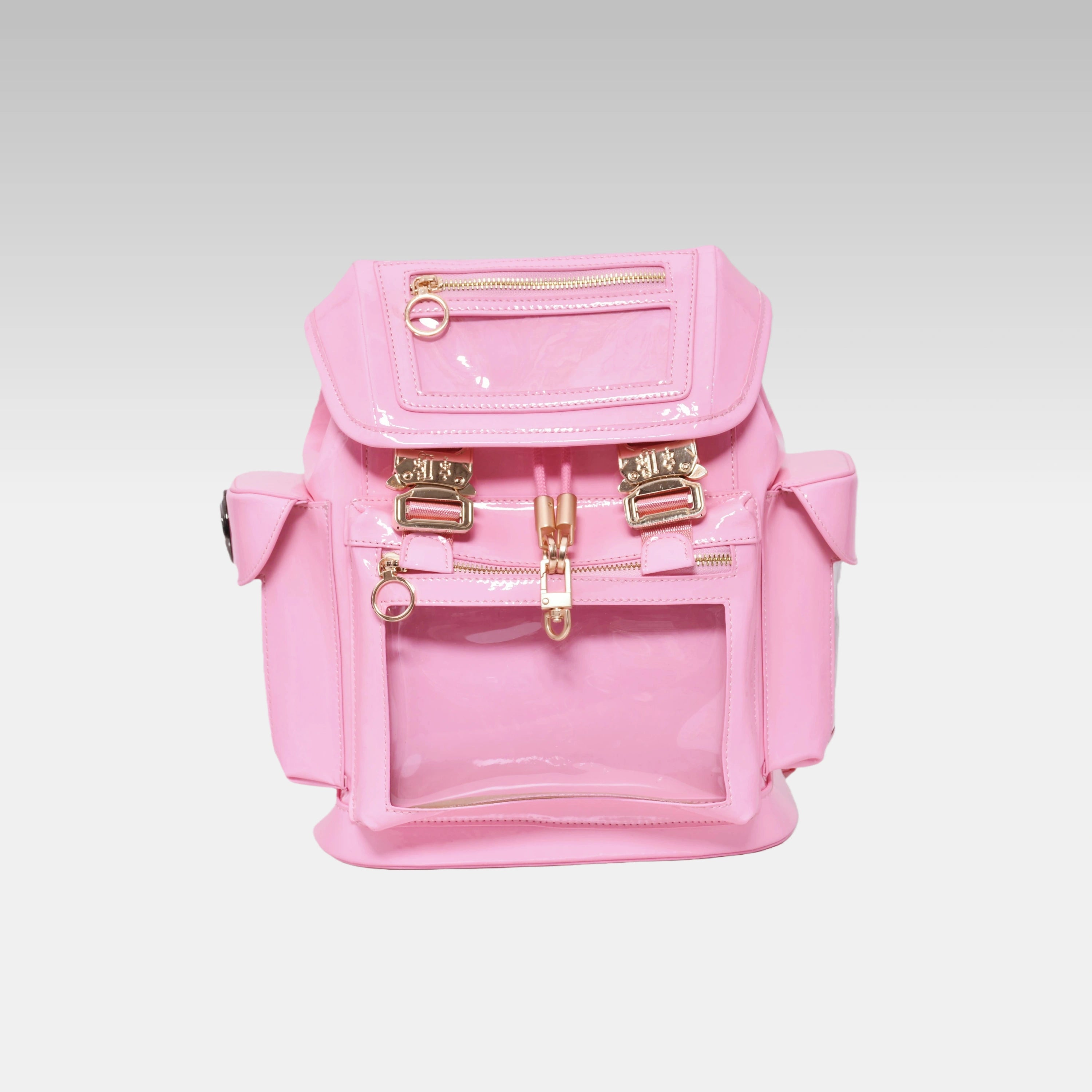 Front view of the Pastel Pink Cyberpunk Ita Backpack Mini, featuring its clear display window.