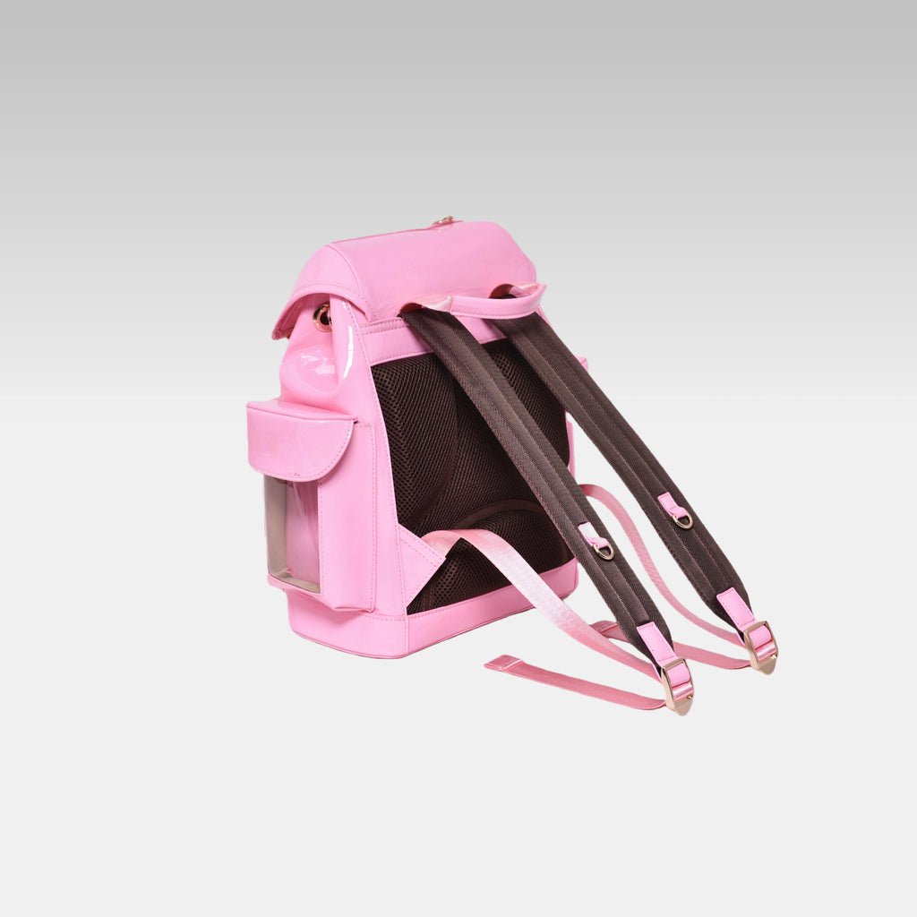 Clean side profile of the Pastel Pink Cyberpunk Ita Backpack Mini showing its structured depth, without the custom emblem.