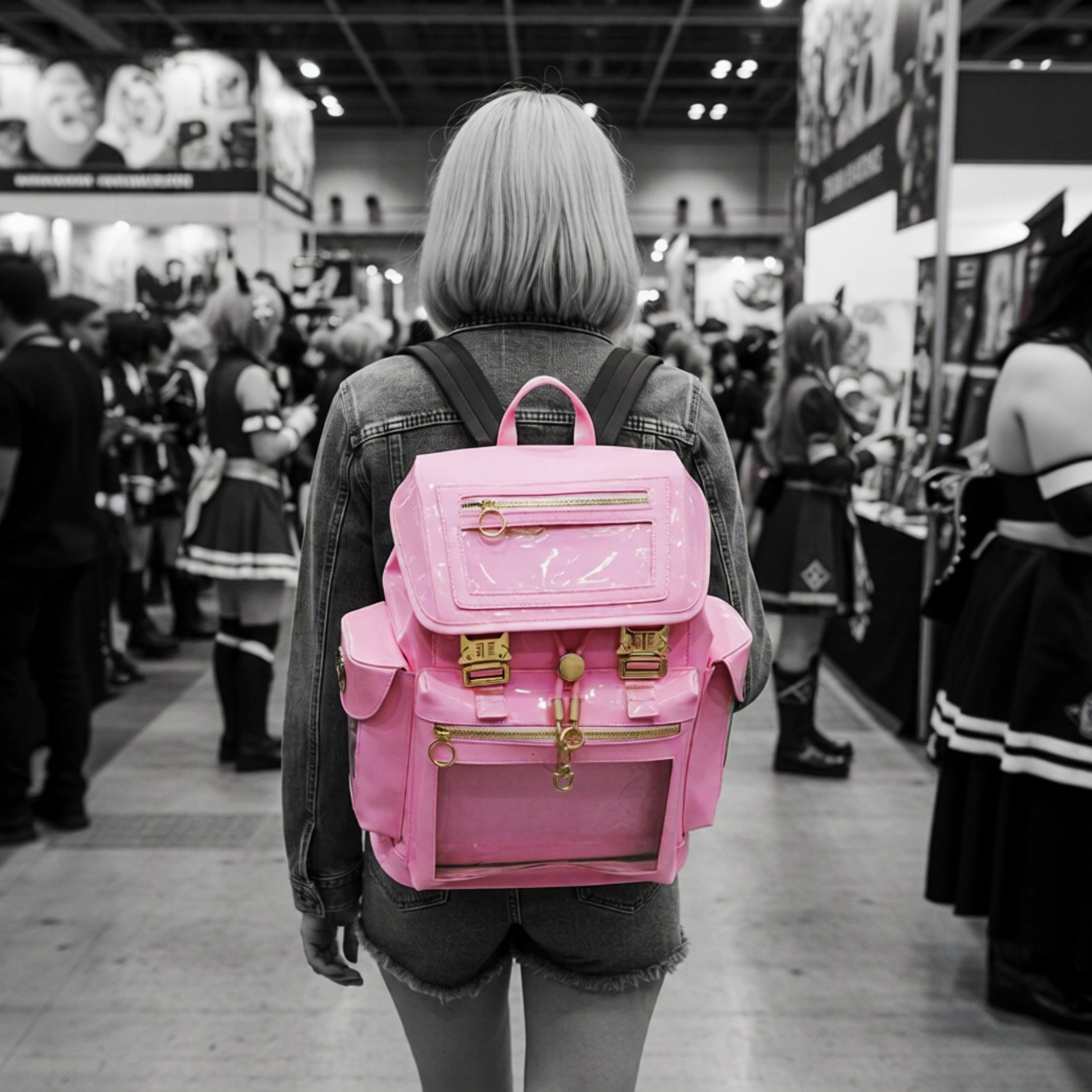 Model wearing the standard Pastel Pink Cyberpunk Ita Backpack, a kawaii backpack and cute pink ita bag engineered specifically as a backpack for pins.