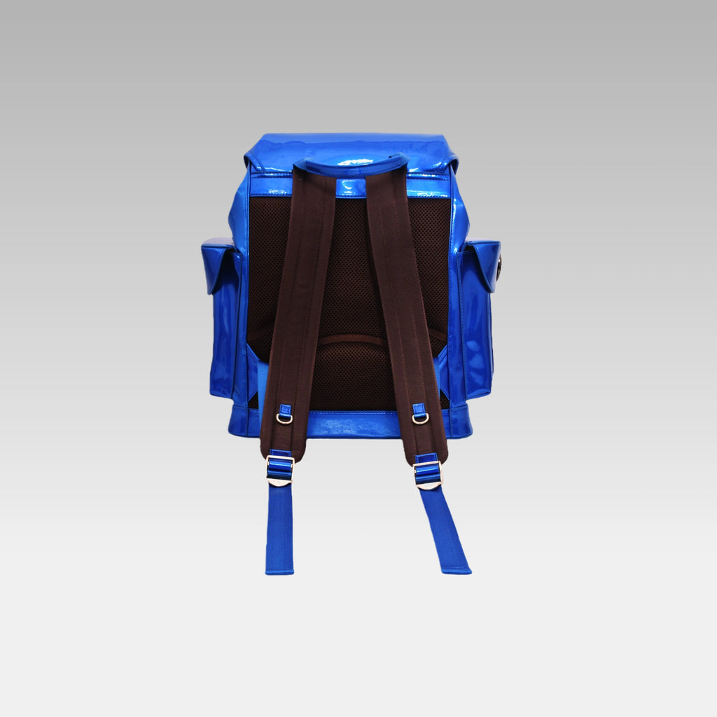 Back view of the standard Quantum Blue Cyberpunk Ita Backpack displaying the heavy-duty padded shoulder straps.