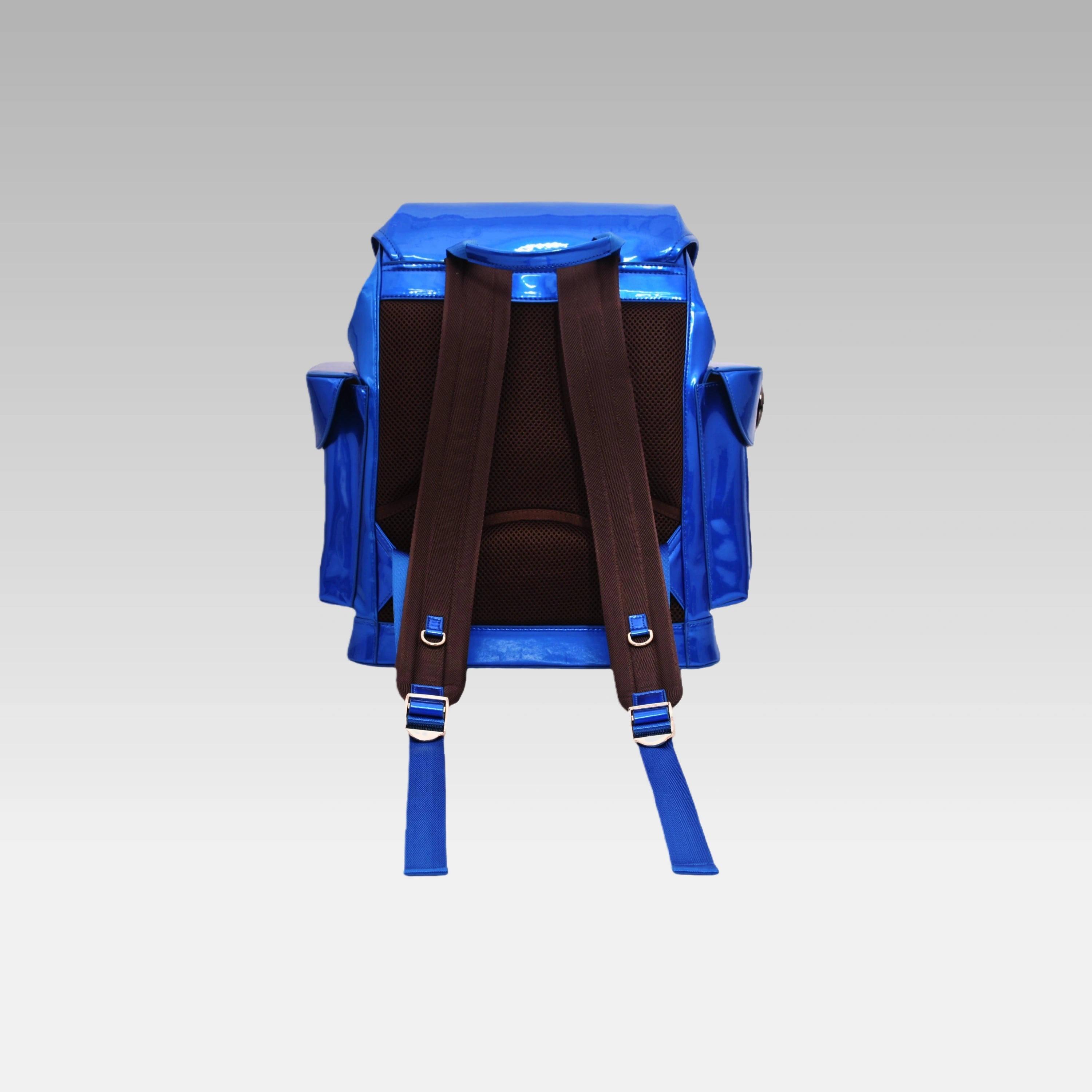 Back view of the standard Quantum Blue Cyberpunk Ita Backpack displaying the heavy-duty padded shoulder straps.