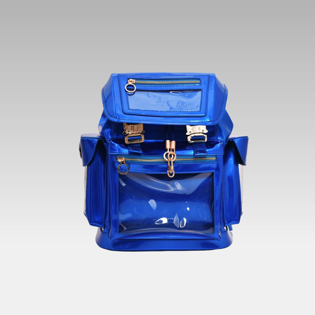 Front view of the standard metallic Quantum Blue Cyberpunk Ita Backpack, featuring its large clear display window.