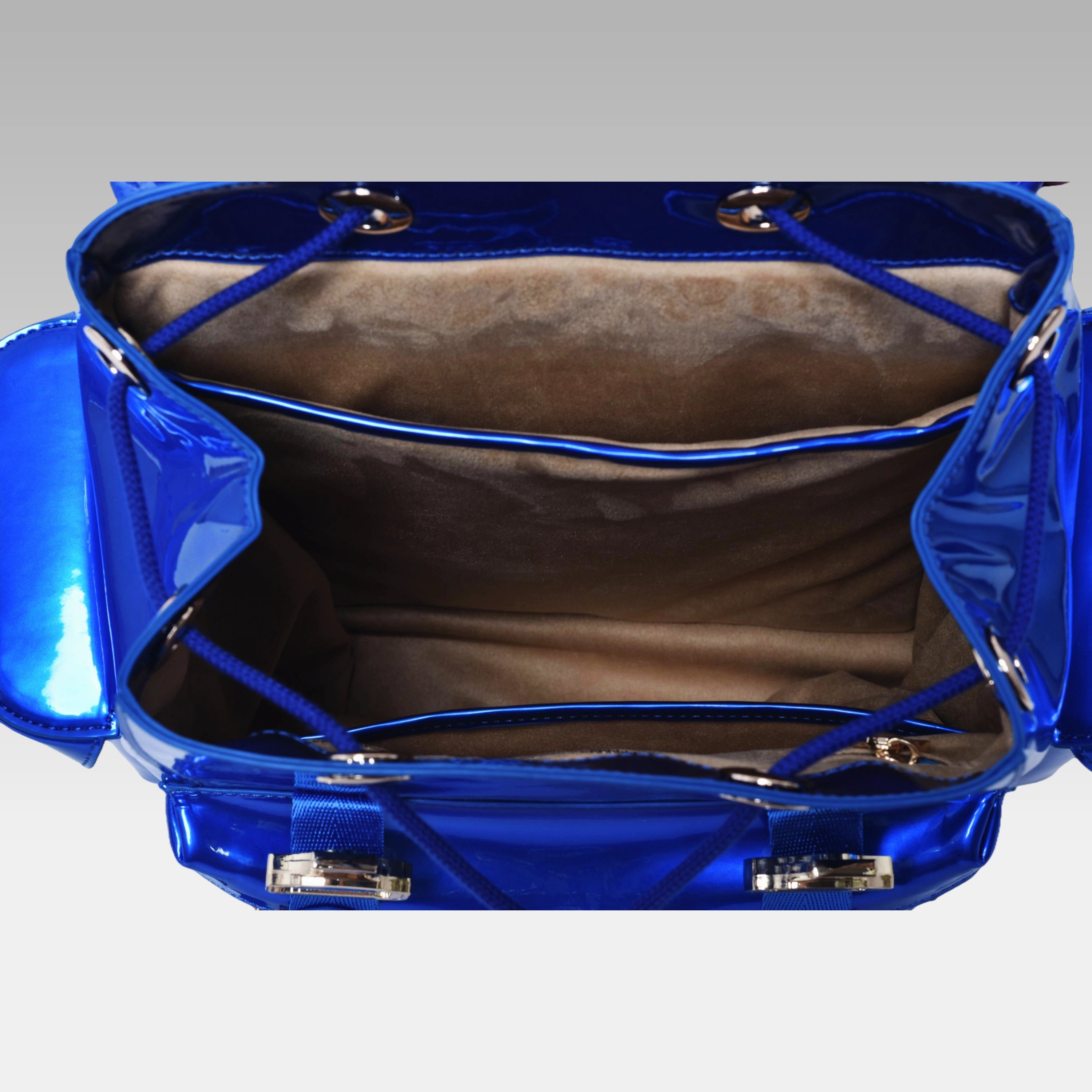 Interior view of the standard Quantum Blue Cyberpunk Ita Backpack showing the custom fabric lining and spacious storage.