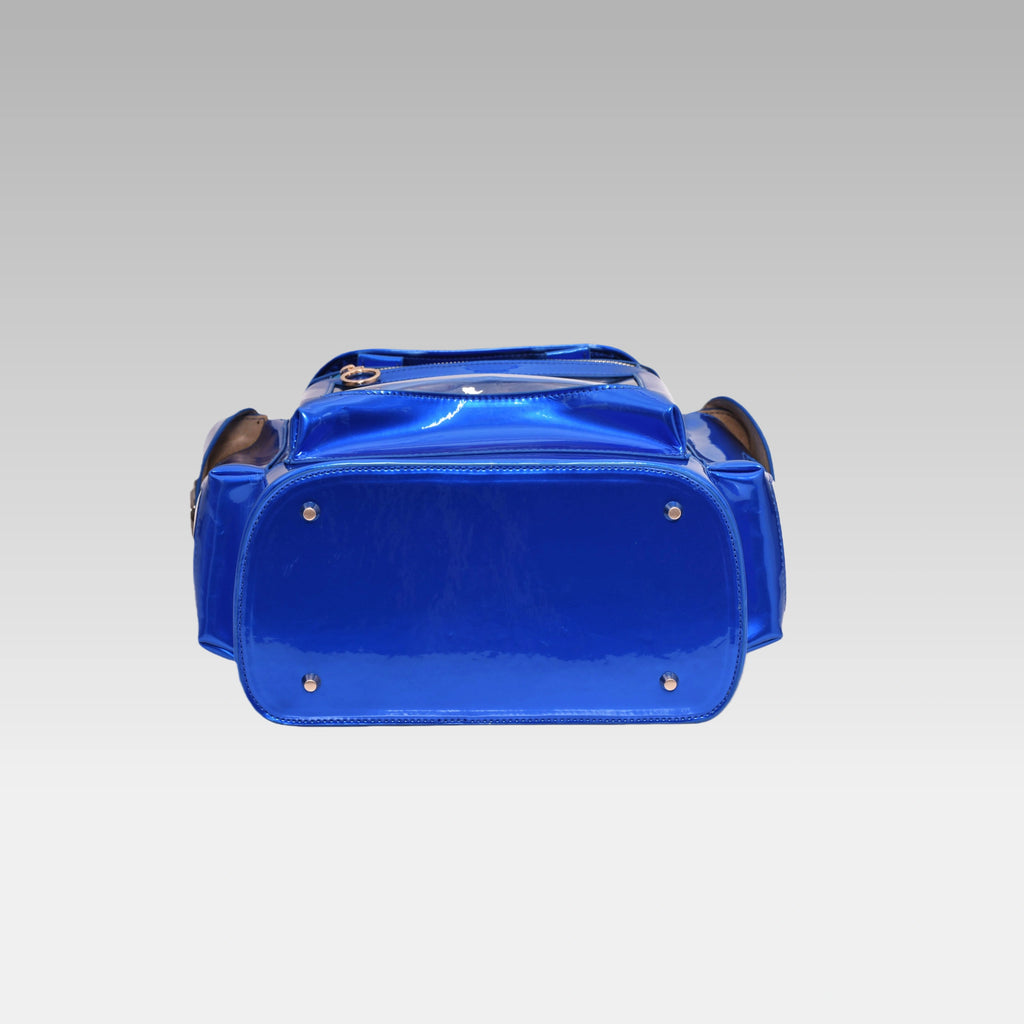 Bottom view of the Quantum Blue Cyberpunk Ita Backpack Mini showing the durable base and construction.