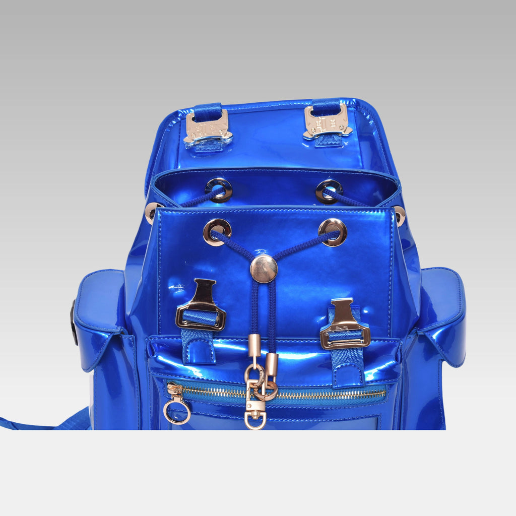 Metallic Quantum Blue Cyberpunk Ita Backpack Mini with the front display cover opened, revealing the main compartment.