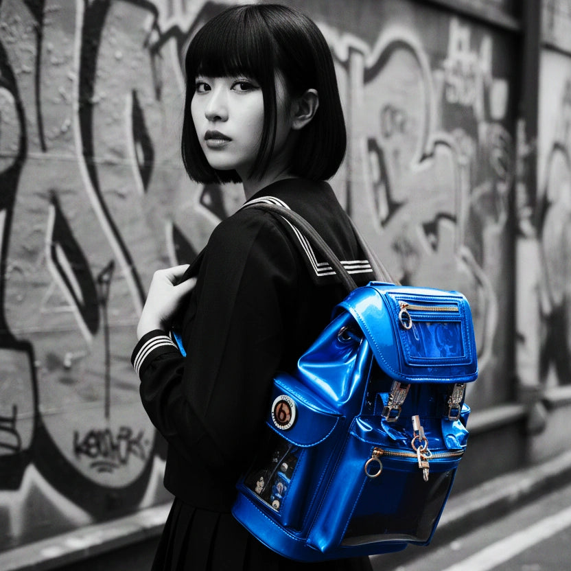 Model carrying the Quantum Blue Cyberpunk Ita Backpack Mini, a stylish anime bag and pin collector bag built with premium tactical hardware.