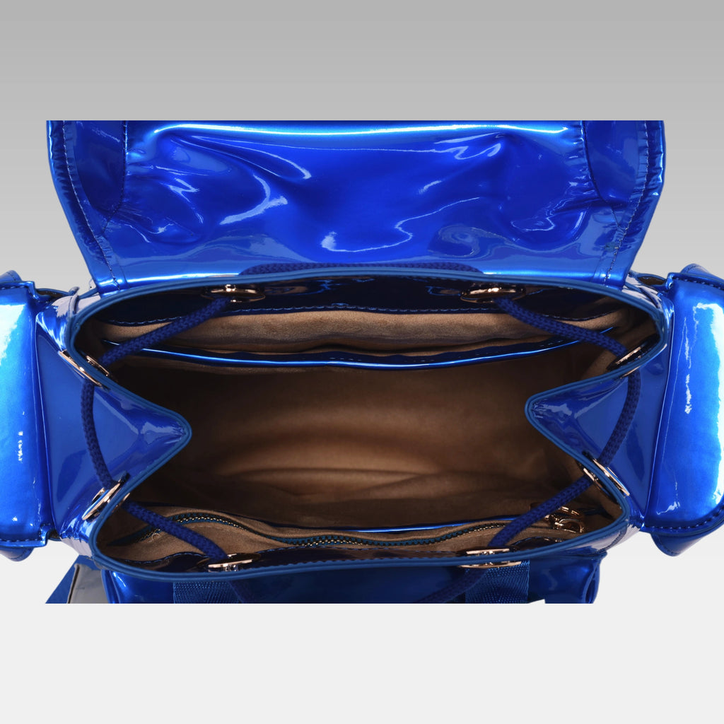 Interior view of the Quantum Blue Cyberpunk Ita Backpack Mini showing the custom fabric lining and storage compartments.