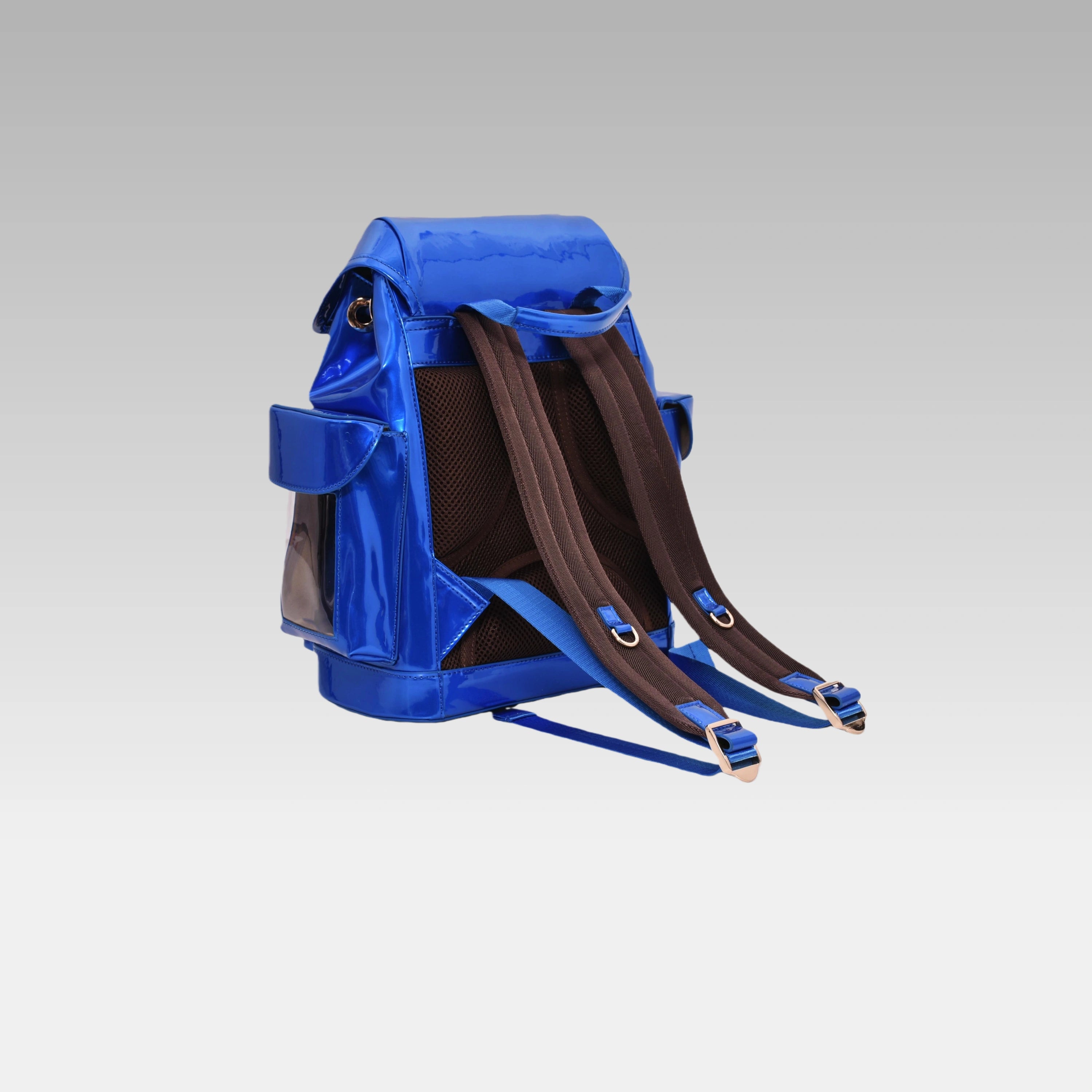 Clean side profile of the Quantum Blue Cyberpunk Ita Backpack Mini showing its structured depth and zippers.