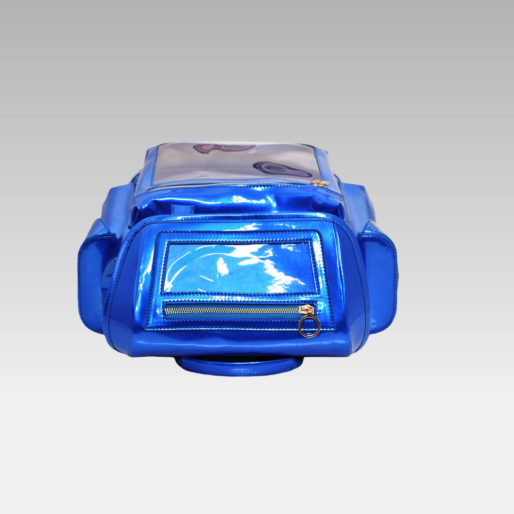 Top-down view of the standard Quantum Blue Cyberpunk Ita Backpack highlighting the main compartments and hardware.