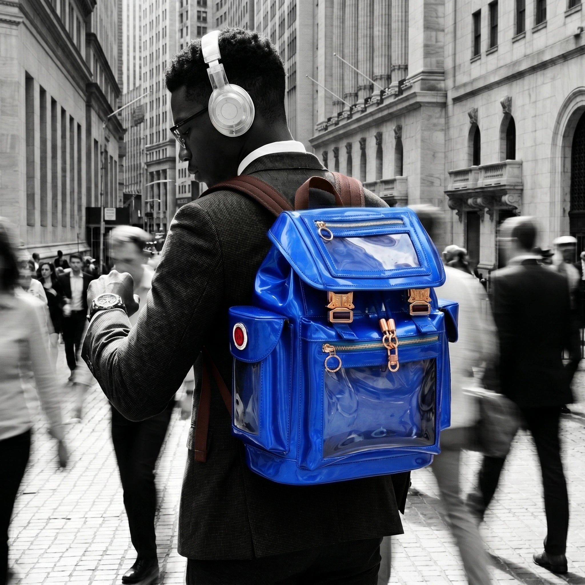 Person with a quantum blue Cyberpunk Ita Backpack walking through a busy city street.