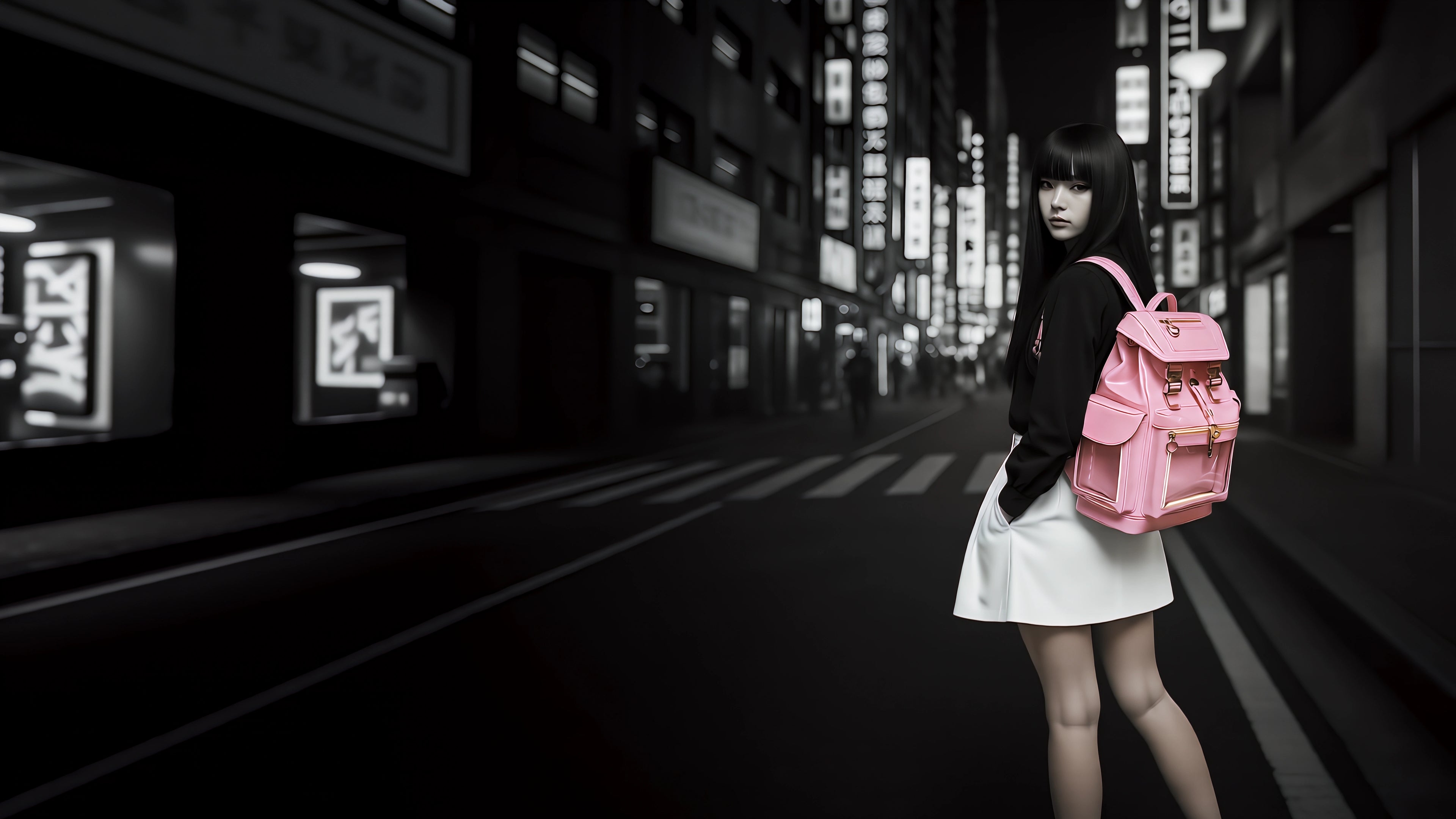 Girl wearing a Cyberpunk Ita Backpack in the city.