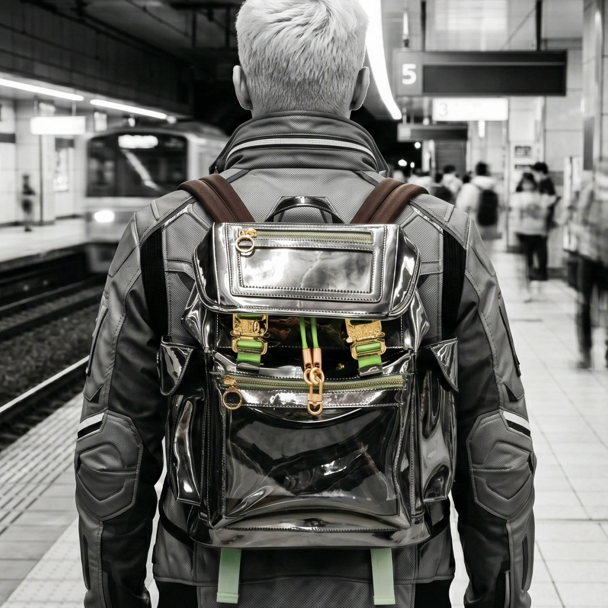 A man in techwear with a Cyberpunk Ita Backpack in the subway.