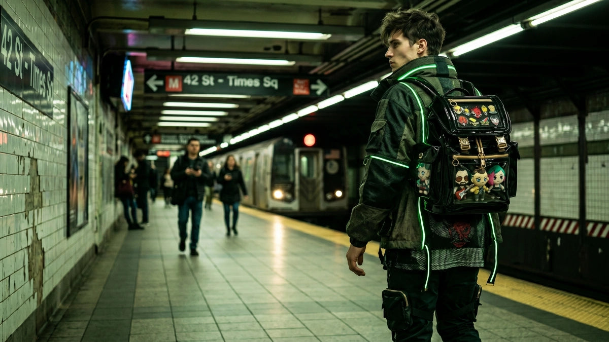 Person with a black ita backpack featuring anime plush toys in a subway station.