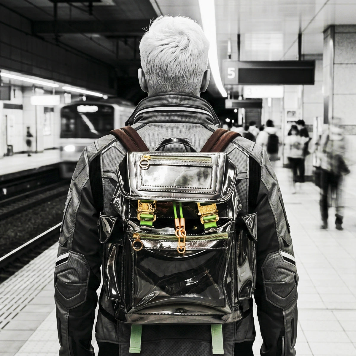 A man in cyberpunk style techwear with a metallic gray Cyberpunk Ita Backpack in the subway station.