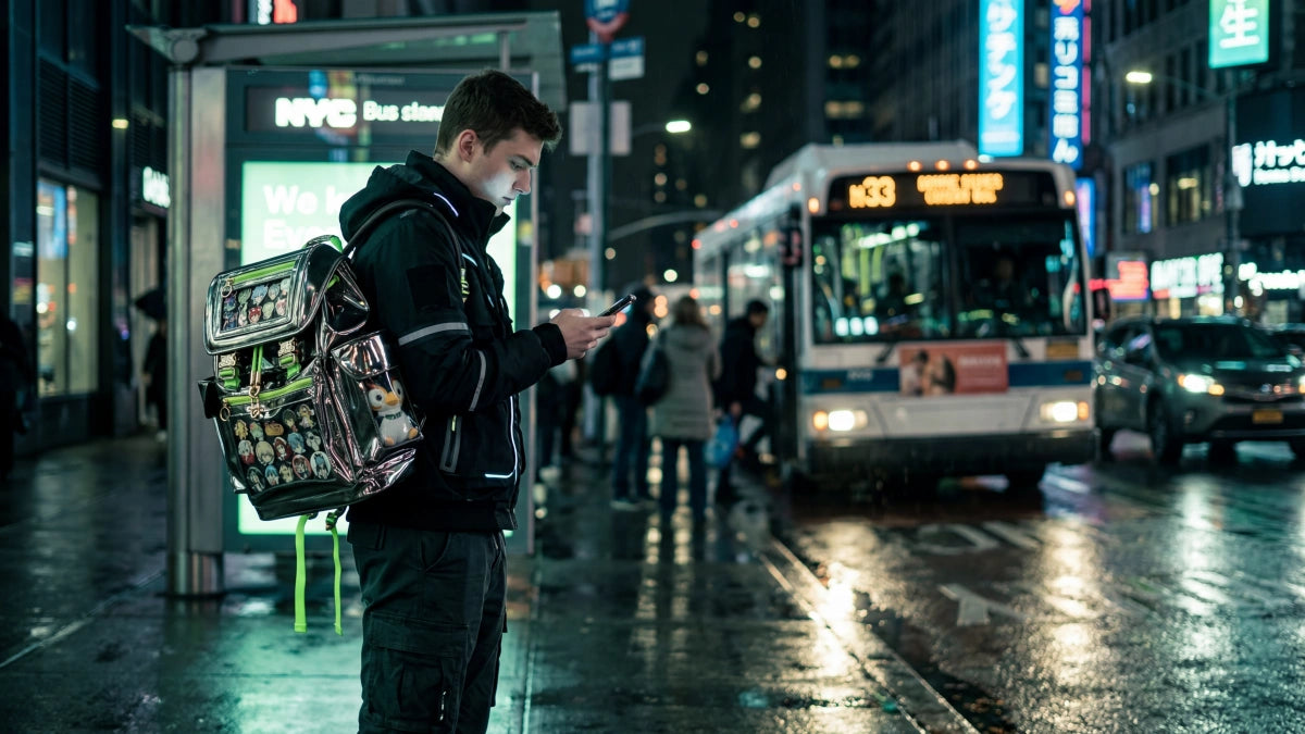 Man in streetwear with a metallic gray Cyberpunk Ita Backpack on a city street at night.