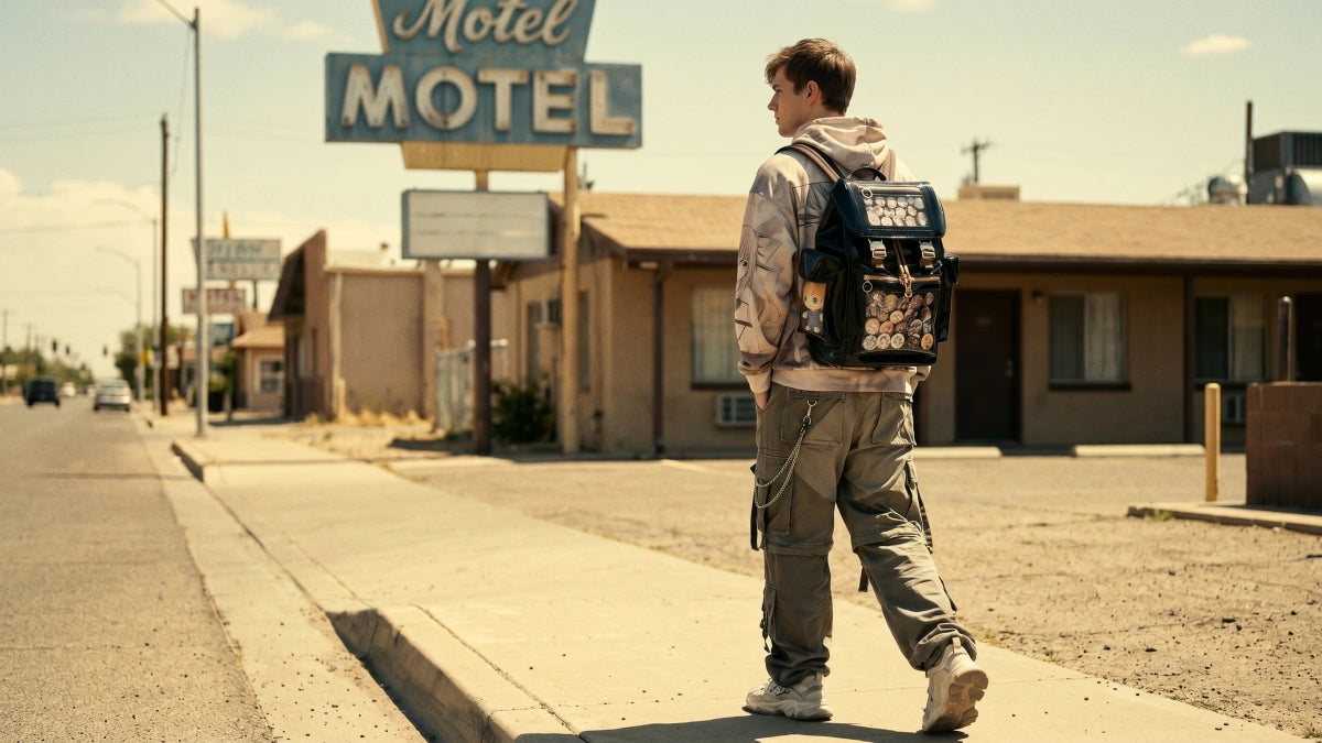 Person with a black ita backpack filled with anime pin badges in front of a motel sign.