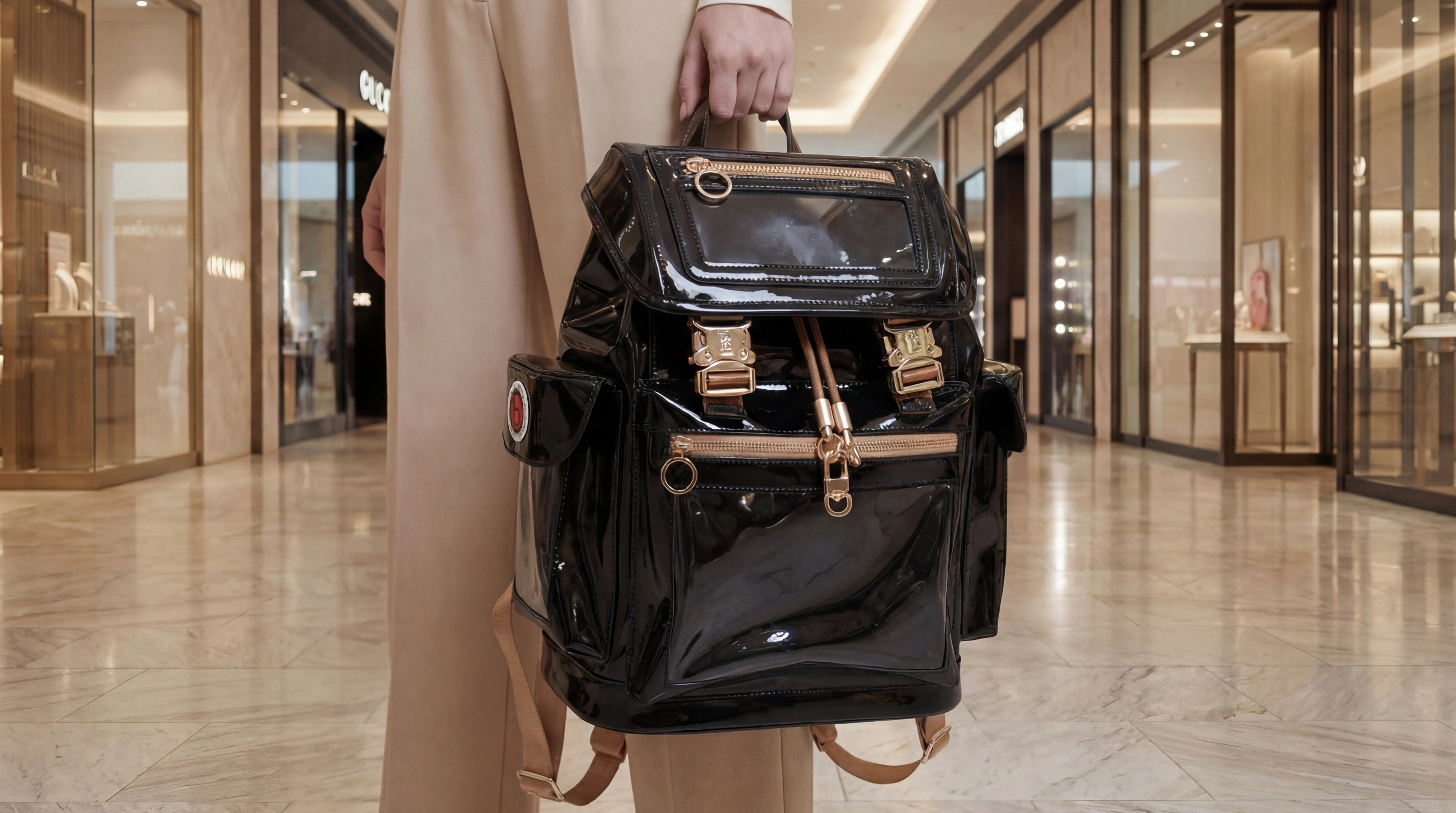 Person holding a black ita backpack in a shopping mall.