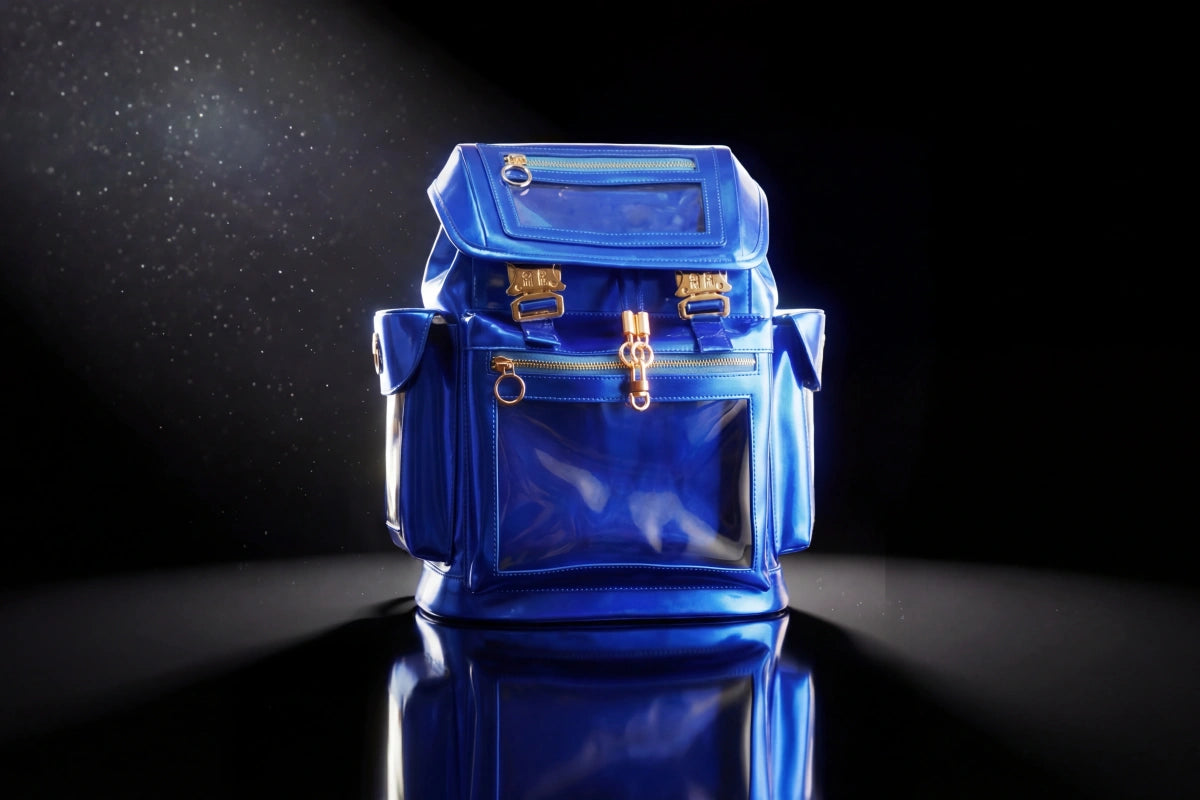 Studio product shot of the premium ita backpack in glossy Quantum Blue, highlighting its high-fashion design and clear pin display window.