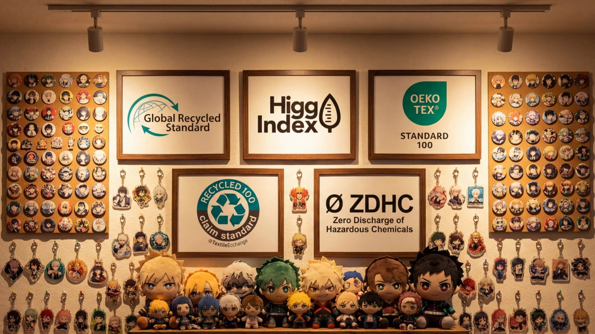 A wall of anime merch and ita bag material related certificates.
